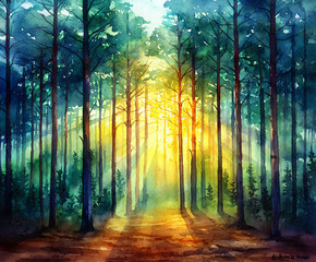Naklejka premium watercolor painting of a peaceful forest scene with tall trees and dappled sunlight