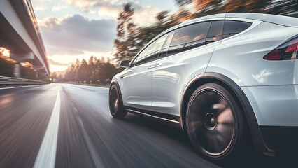 Obraz premium Electric SUV Driving Fast on Suburban Road, Smart Holiday Mobility Concept