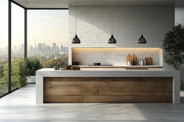 Modern kitchen design with city views and natural light.