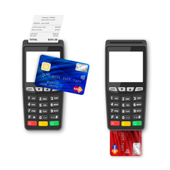 Bank terminal for payment purchase in store. Credit card inside and paper check receipt. Device for processing payments e-commerce. Vector illustration.