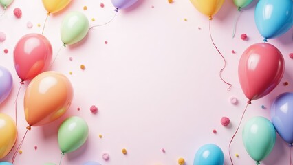 Pastel Balloons Frame: Colorful Party Decoration with Confetti on Pink Background, Birthday Celebration, Anniversary, Baby Shower, Festive Design