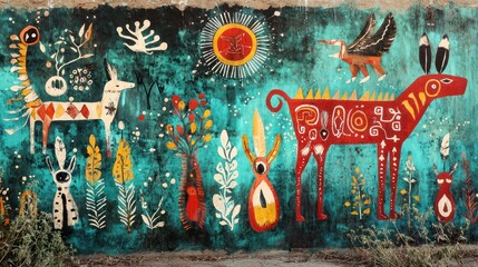 A Native American-inspired wall painting with spirit animals