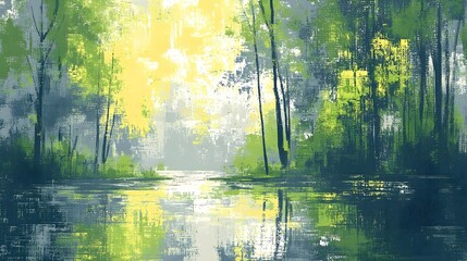 Fototapeta premium Serene Digital Painting of Green and Yellow Nature Reflection