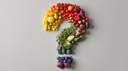 Colorful Question Mark Created From Fresh Fruits and Vegetables on Gray Background