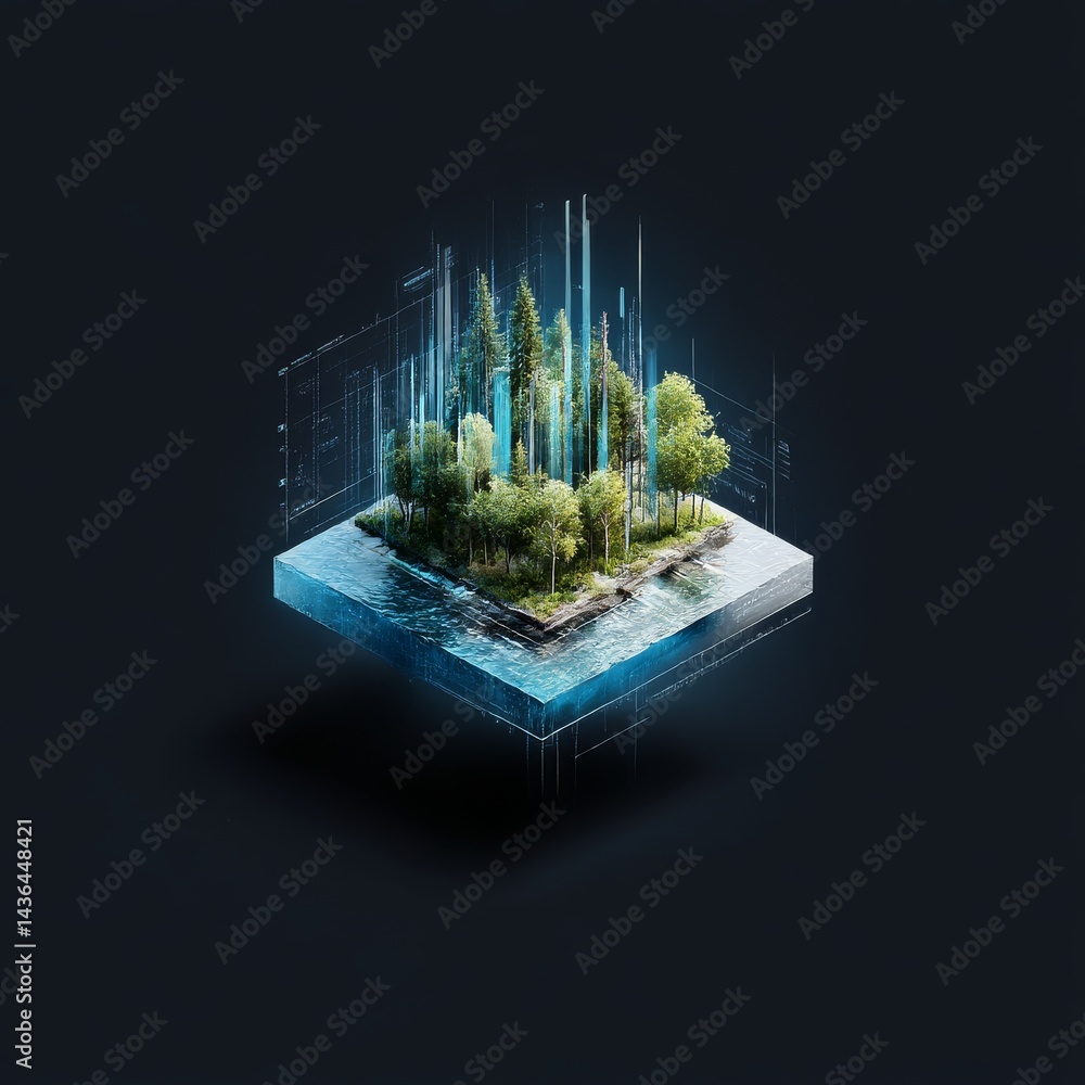 Poster a digital eden: isometric island oasis with trees and water, enhanced with data streams