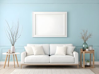 A minimalist living room with a white frame with copy space on a light blue wall, near a low-profile sofa and coffee table.
