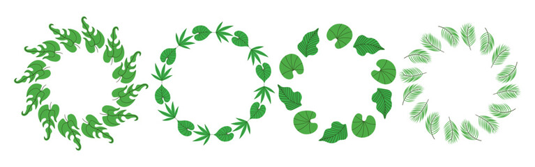 Obraz premium Set of round frames made of tropical leaves. Simple natural leaf design. Vector decoration template for cards, wedding invitations and birthday greetings.