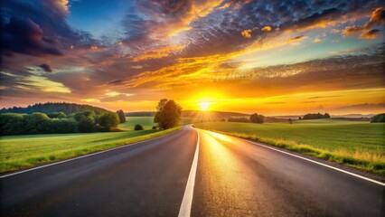 Naklejka premium Asphalt road curving gently through vibrant green fields towards a breathtaking sunset, bathed in golden light and dramatic clouds