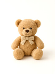 Obraz premium Cute plush teddy bear with knitted bow isolated on white. Soft and cozy toy for children and babies.
