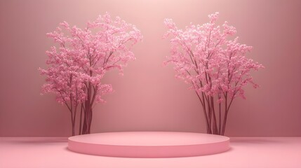 Obraz premium Minimal Pink Background with Podium and Cherry Blossom Trees