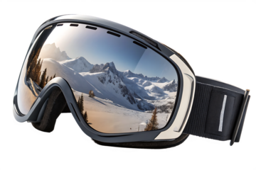 ski goggles with reflective lenses isolated on white background PNG