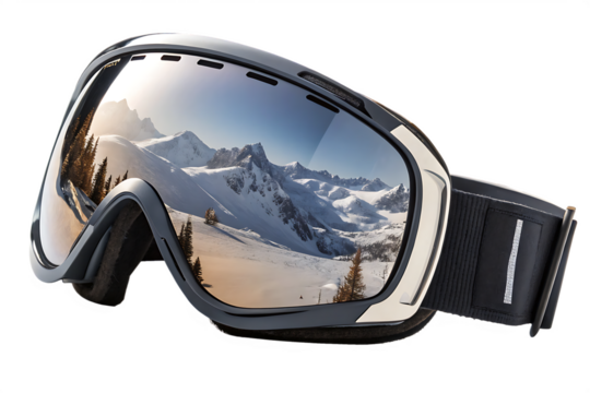 ski goggles with reflective lenses isolated on white background PNG