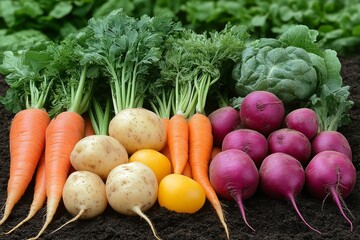 Freshly harvested carrots, potatoes, turnips, and vibrant purple radishes lie on dark soil, showcasing their garden-fresh vibrancy.