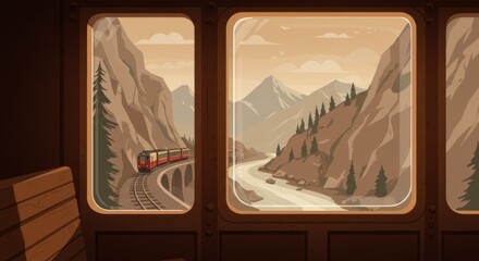 Mountain Train Window Illustration
