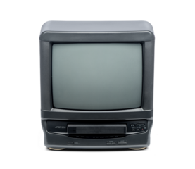 Old CRT TV VCR combined in one unit with video cassette, isolated on a transparent background PNG.
