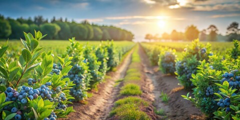 Naklejka premium Rows of Lush Blueberry Bushes Basking in Golden Sunset Light, a Vibrant Agricultural Scene
