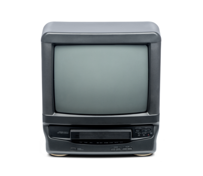Old CRT TV VCR combined in one unit with video cassette, isolated on a transparent background PNG.