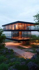 Fototapeta premium Modern House on Hilltop at Dusk