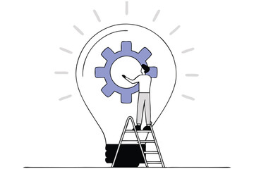 Businessman Building Gear Inside Lightbulb for Innovation and Product Development