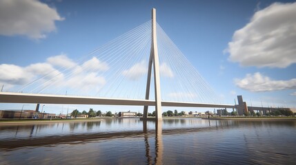 Obraz premium Modern cable-stayed bridge spanning waterway, reflecting in calm water under sunny skies
