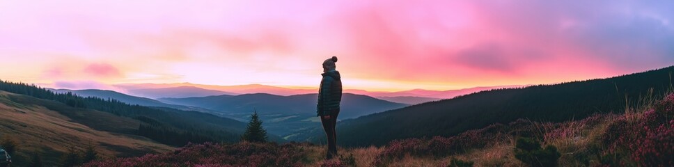 Happy woman standing with her back on sunset in nature . Panoramic view of a colorful sunset created by ai