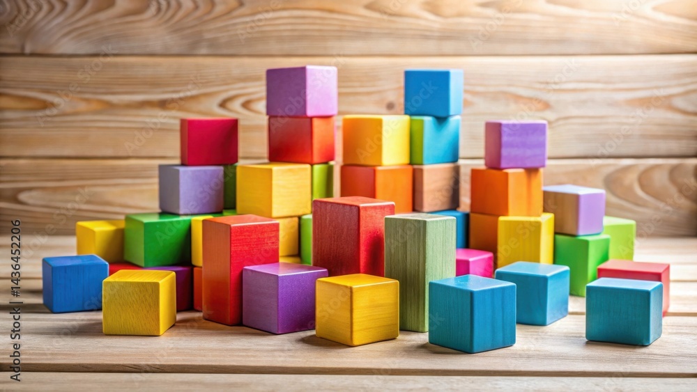 Aufkleber a vibrant collection of colorful wooden blocks arranged in a playful, dynamic composition on a rusti