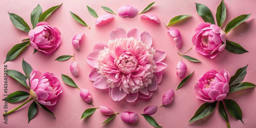 Poster floral arrangement of delicate pink peonies and lush green leaves artistically displayed on a soft p