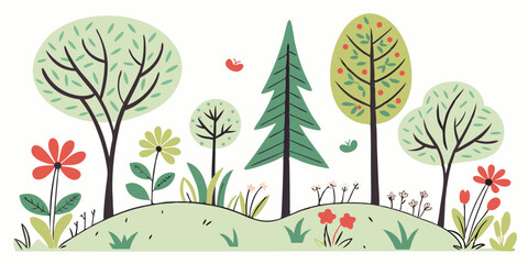 Obraz premium Cheerful Forest Scene with Colorful Trees and Flowers (Vector)