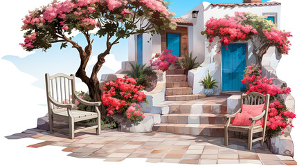 Charming courtyard with blooming flowers and vibrant blue doors in watercolor illustration