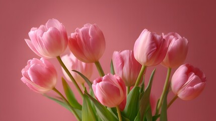 Fototapeta premium A Collection of Delicate Pink Tulips with Velvety Petals Against a Soft Pink Background