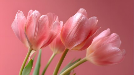 Fototapeta premium Delicate Pink Tulips with Velvety Petals Against a Soft Pink Background