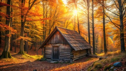 Rustic Wooden Cabin Nestled in a Vibrant Autumn Forest Bathed in Golden Sunlight