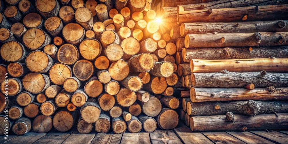 Poster a warm golden sunlight illuminates a stack of rustic wooden logs, creating a dramatic and textured c