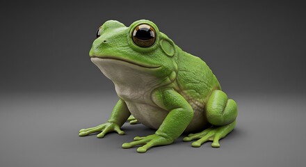 Obraz premium Green Frog Sitting Still, Animal Close-up on Gray Background