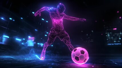 Futuristic soccer player in neon glow dribbling a ball in a digital cityscape at night - Powered by Adobe