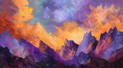 Vibrant Abstract Landscape Unfolds with Dramatic Colors and Textures in an Artistic Mountain Scene