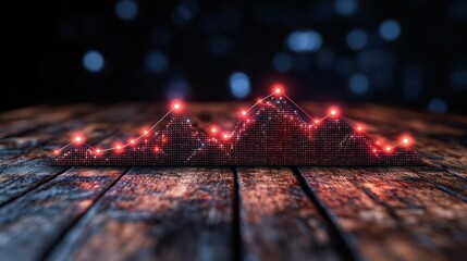 Digital mountain range data visualization on weathered wooden surface
