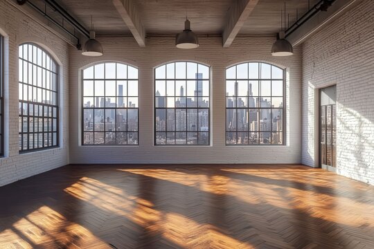 Empty bright New York loft with floor-to-ceiling windows, white brick walls, parquet flooring, and cityscape view. Photorealistic high-resolution interior.