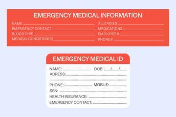Emergency medical information and medical ID card vector template set.