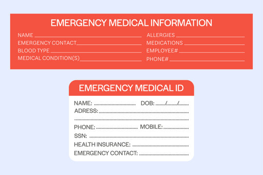 Emergency medical information and medical ID card vector template set.