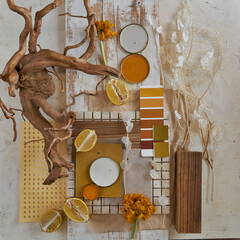 color palette mood board in beige tones with yellow and green accents for interior design and decoration
