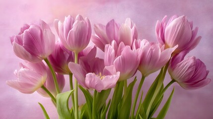 Fototapeta premium Stunning Vibrant Bouquet of Delicate Pink Tulips Against a Soft Pastel Background Perfect for Botanical Decor