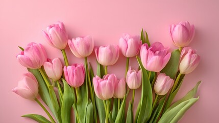 Fototapeta premium Beautiful Arrangement of Delicate Pink Tulips on a Soft Pink Background for Decoration and Floral Design