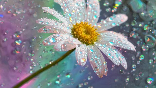 Close-up of a daisy with water droplets, set against a vibrant, dreamy background. Captured from a side angle, resembling a fantasy video scene. Live desktop wallpaper.