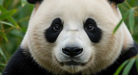 Naklejka premium Close-Up of a Panda's Face with Striking Black Eye Patches