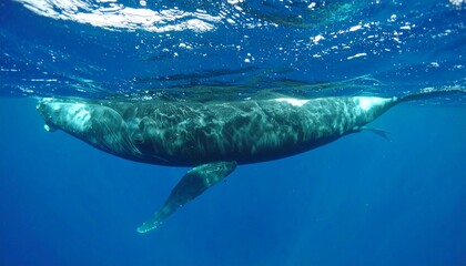  several whales swimming deep under water, close up