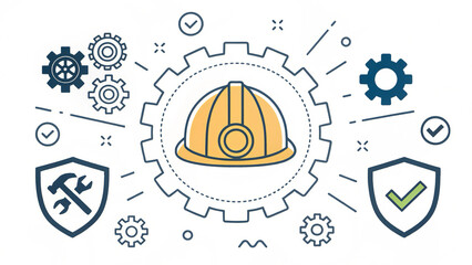 Safety Comes First - A yellow hard hat surrounded by gears, tools, check marks, and shields, symbolizing safety and engineering.