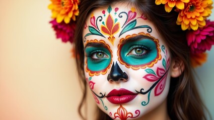 Sugar Skull Makeup Close-Up – Floral Crown, Colorful Dia de los Muertos and Cinco de Mayo Fusion, Festive Face Paint and Vibrant Celebration Beauty
