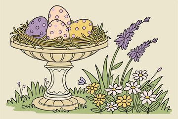 34 Easter eggs, decorative, floral arrangement, ornate pedestal, speckled eggs, pastel colors, lavender sprigs, daisies, marigolds, purple flowers, natural backdrop, garden setting, springtime, detail