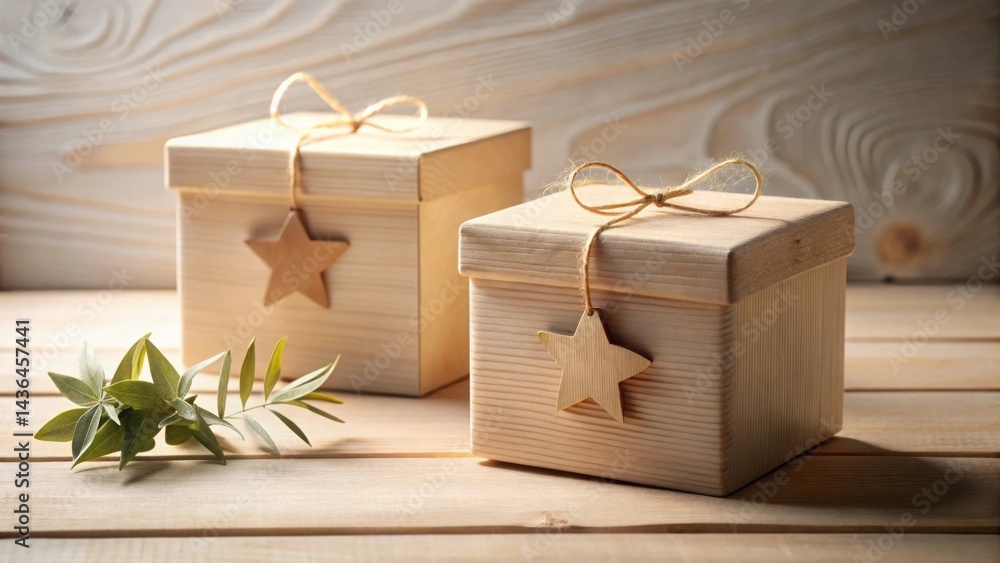 Poster Rustic wooden gift boxes adorned with twine bows and star-shaped tags rest on a light wood surface, a sprig of greenery adds a touch of nature to the scene.